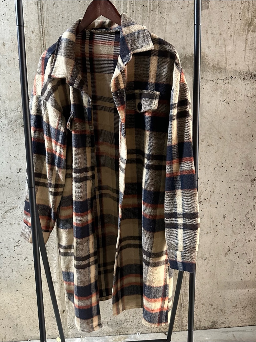 Plaid Wool-Blend Pea Coat Jacket - Navy & Cream